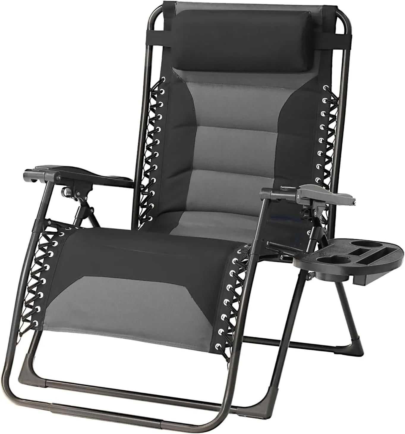 Zero Gravity Chair Oversized Padded Recliner with Adjustable Headrest & Cup Holder - XL 600D Oxford Folding Lounge Chair for Outdoor Camping, Patio, Poolside (Black & Gray)
