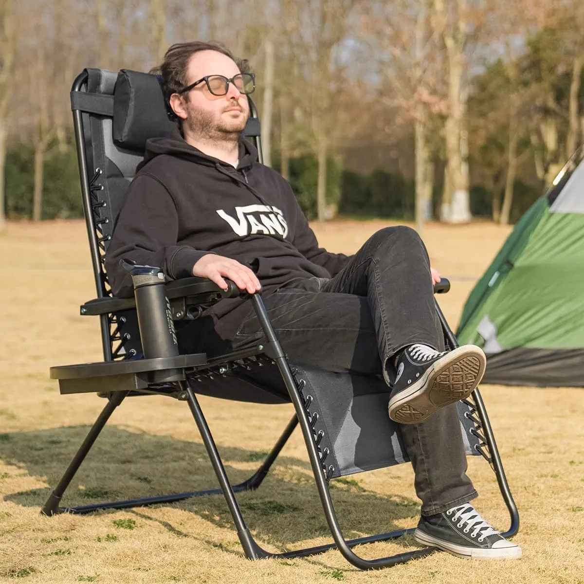 Zero Gravity Chair Oversized Padded Recliner with Adjustable Headrest & Cup Holder - XL 600D Oxford Folding Lounge Chair for Outdoor Camping, Patio, Poolside (Black & Gray)