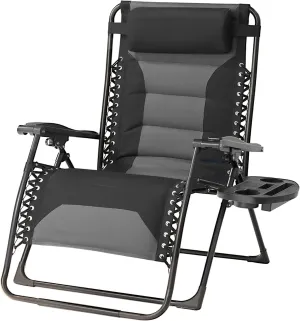 Zero Gravity Chair Oversized Padded Recliner with Adjustable Headrest & Cup Holder - XL 600D Oxford Folding Lounge Chair for Outdoor Camping, Patio, Poolside (Black & Gray)