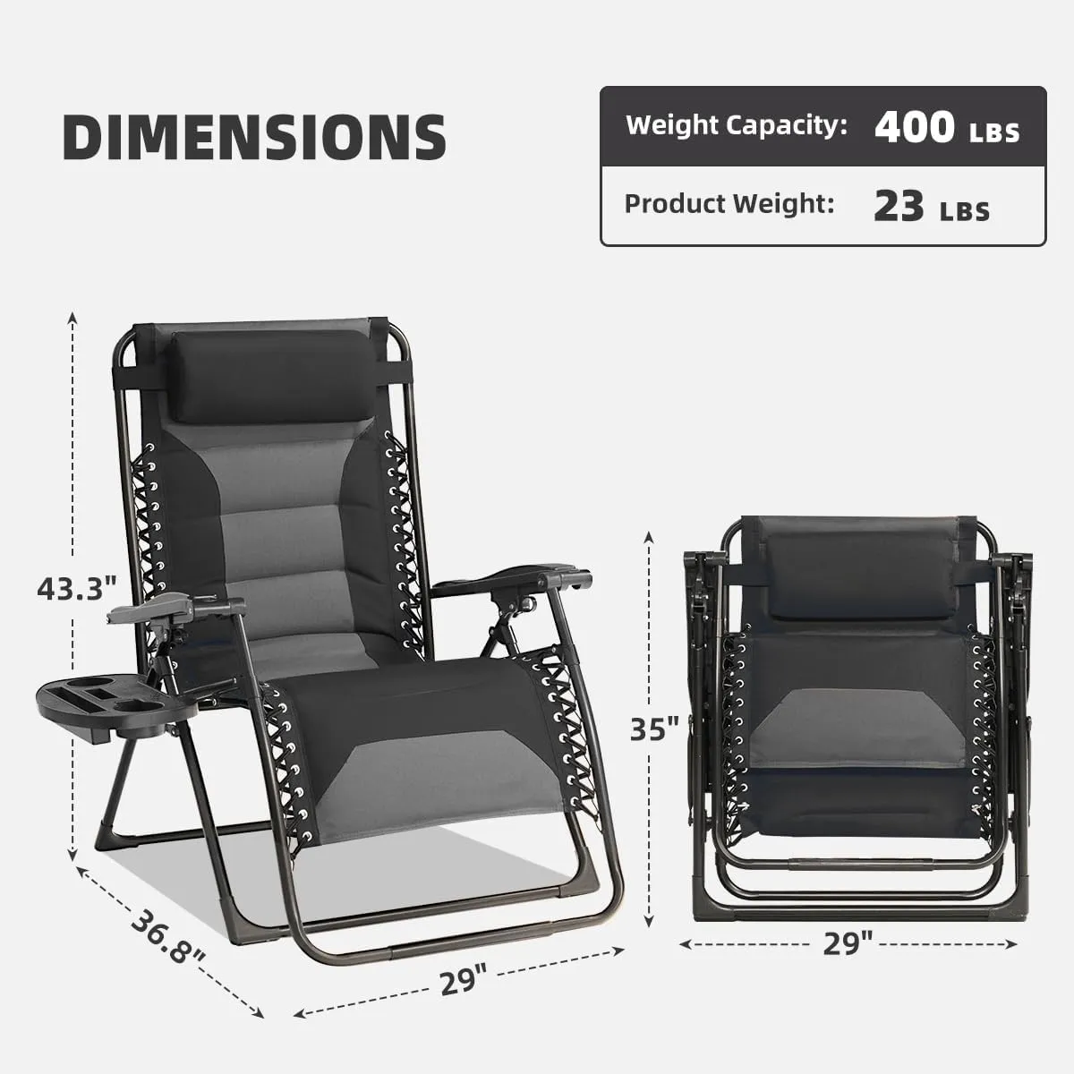 Zero Gravity Chair Oversized Padded Recliner with Adjustable Headrest & Cup Holder - XL 600D Oxford Folding Lounge Chair for Outdoor Camping, Patio, Poolside (Black & Gray)