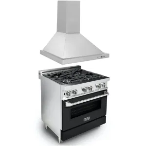 ZLINE 30" Kitchen Package with Stainless Steel Dual Fuel Range with Black Matte Door and Convertible Vent Range Hood (2KP-RABLMRH30)