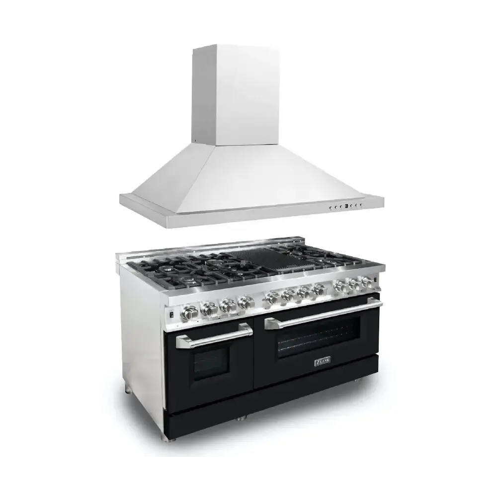 ZLINE 48" Kitchen Package with Stainless Steel Dual Fuel Range with Black Matte Door and Convertible Vent Range Hood (2KP-RABLMRH48)