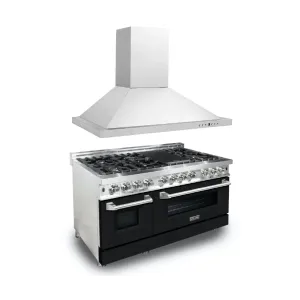 ZLINE 48" Kitchen Package with Stainless Steel Dual Fuel Range with Black Matte Door and Convertible Vent Range Hood (2KP-RABLMRH48)